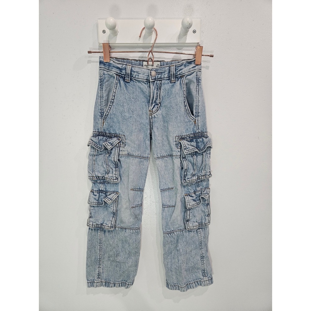 Abercrombie Kids Baggy Cargo Barrel Jeans Light Wash Size 7/8 Regular Adjustable